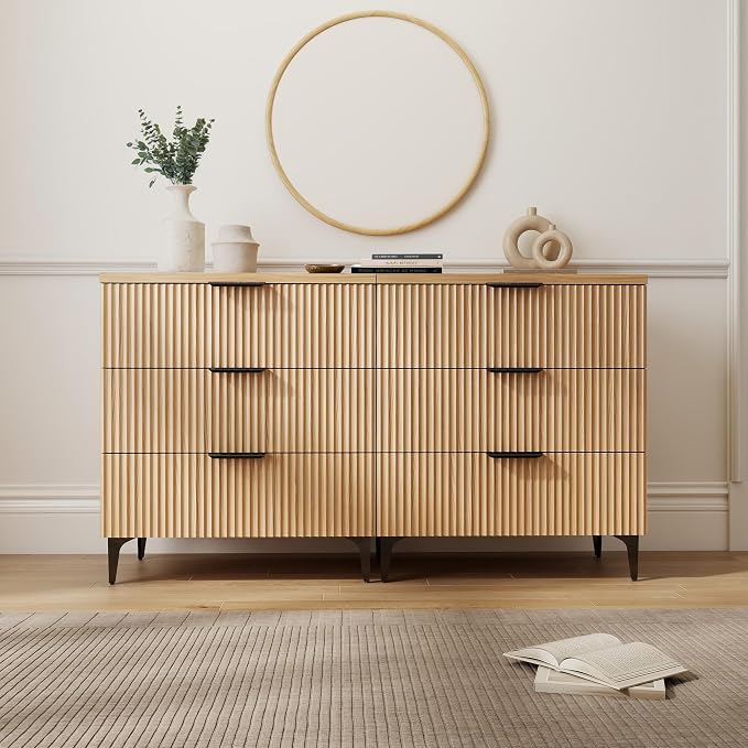 25.6" W Fluted Nightstand with 3 Drawer Dresser, Modern Wood Night Stands Bedside Table for Bedroom King/Queen Bed, End Table with Robot-Friendly Legs for Living Room,Entry (3 Drawers-1pcs-Natural)