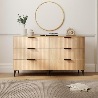 25.6" W Fluted Nightstand with 3 Drawer Dresser, Modern Wood Night Stands Bedside Table for Bedroom King/Queen Bed, End Table with Robot-Friendly Legs for Living Room,Entry (3 Drawers-1pcs-Natural)