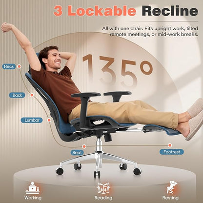 GABRYLLY Ergonomic Office Chair - 135° Reclining Desk Chair with Adjustable Lumbar Support, 3D Armrest, Large Headrest & Heavy Duty Steel Base, 300LBS Mesh Task Chair, Navy Blue