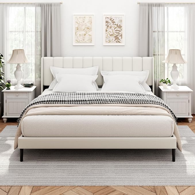 Sismplly King Size Bed Frame and Headboard,Vertical Channel Tufted Wingback No Box Spring Needed, Mattress Foundation, Easy Assembly White