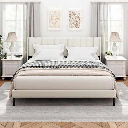 Sismplly King Size Bed Frame and Headboard,Vertical Channel Tufted Wingback No Box Spring Needed, Mattress Foundation, Easy Assembly White