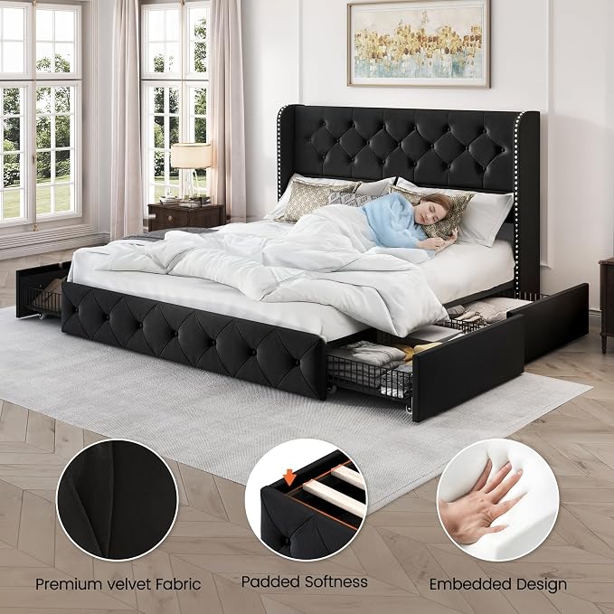 LARMACE Queen Size Bed Frame with 4 Storage Drawers and 47.2" Tall Wingback Headboard Upholstered Platform Beds Velvet Tufted Bed Frame with Wooden Slats Support, Easy Assembly, Black