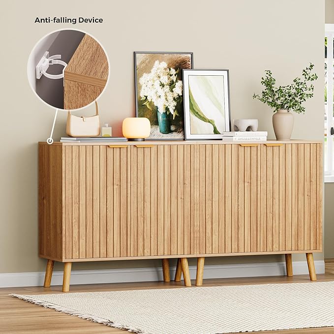 Set of 2 Fluted Storage Cabinet, Buffet Cabinet with Storage, Wood Sideboard with Adjustable Shelf, Modern Accent Cabinet & Console Table for Entryway, Living Room, Dining Room, Natural