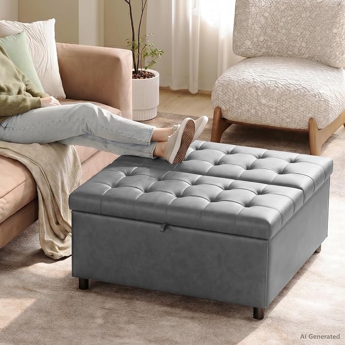 Grey Leather 36 Inch Extra Large Lift Top Living Room Storage Ottoman | LINLUX Tufted Upholstered Shoe Storage Entry Bench, Bed Benches For Foot Rest, Lift Footrest For Dorm Bedroom Office