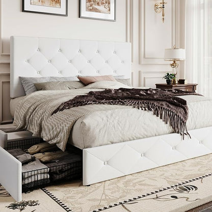 SHA CERLIN Full Size Platform Bed Frame with 4 Oversized Storage Drawers, Adjustable Headboard with Velvet Upholstery, Diamond Button Tufted Design, Wooden Slat Support, No Box Spring Needed, White
