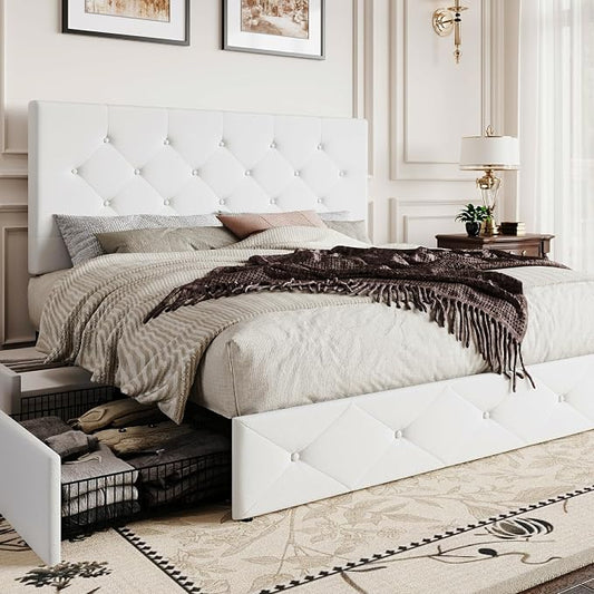 SHA CERLIN Full Size Platform Bed Frame with 4 Oversized Storage Drawers, Adjustable Headboard with Velvet Upholstery, Diamond Button Tufted Design, Wooden Slat Support, No Box Spring Needed, White