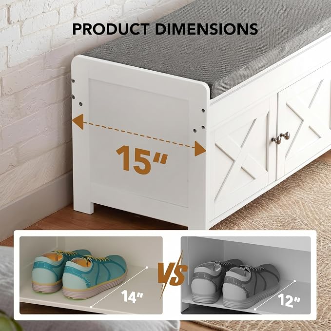 Marsail Shoe Storage Bench with Seating, Farmhouse Entryway Bench with Shoe Storage and Cushion, Under Window Benches Wooden Ottoman for Bedroom, Entry Way, Living Room, White