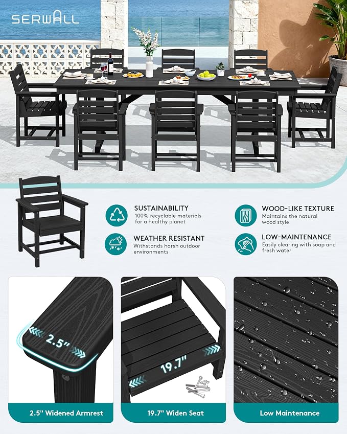 SERWALL 10 Piece 84" HDPE Outdoor Dining Set for 8 with 15ft Double-Sided Umbrella, Black