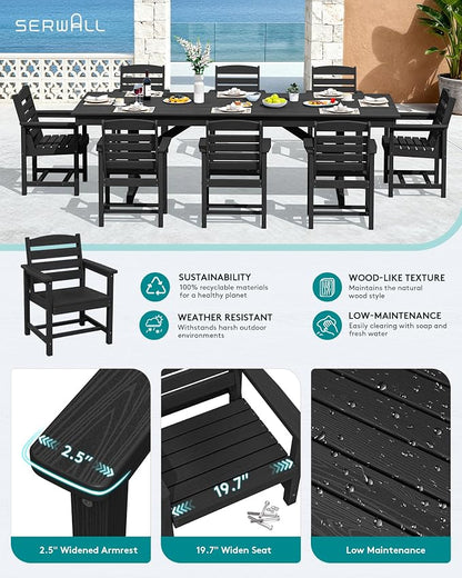 SERWALL 10 Piece 84" HDPE Outdoor Dining Set for 8 with 15ft Double-Sided Umbrella, Black