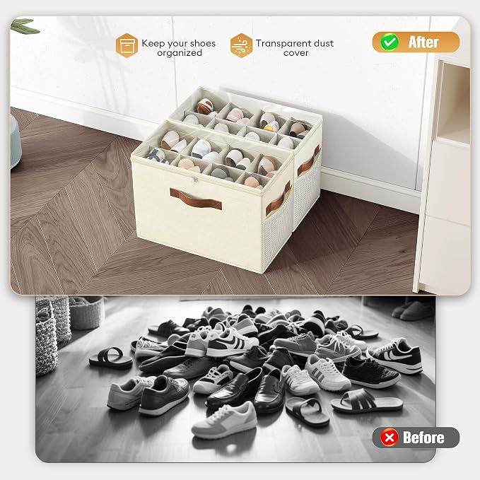 Budding Joy 2 Pack Shoe Organizer for Closet, Clear Foldable Shoe Storage Containers Adjustable Dividers Fits 16 Pairs,Shoe Storage Bins Baskets Boxes with Reinforced Handles Beige Yellow Beige | Farbic shoe storage organizer box bin with clear cover, ...