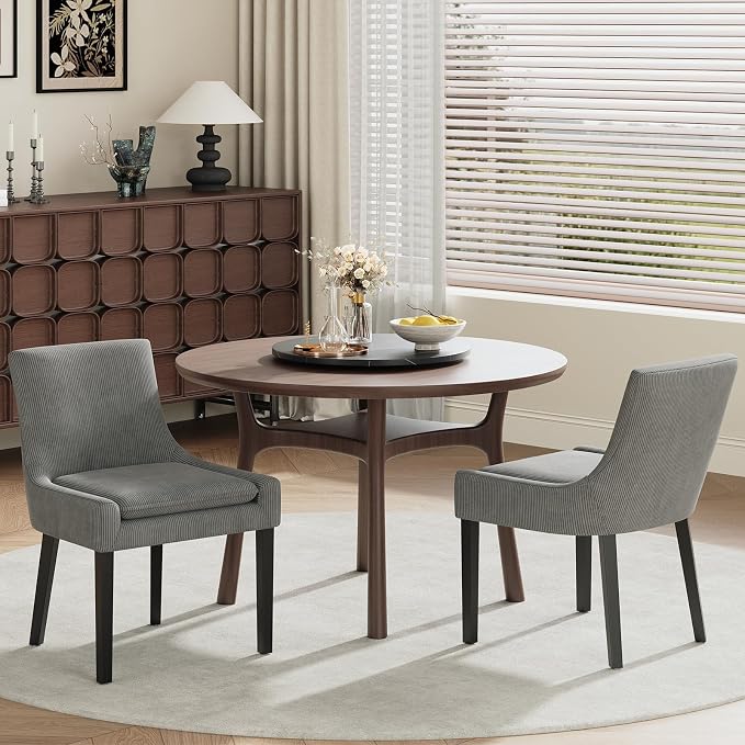Modern Dining Room Chairs Set of 2 with Mid Back and Wood Legs, Upholstered Kitchen Chairs for Dining Room/Living Room, Dark Grey