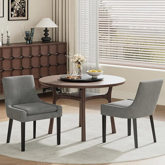 Modern Dining Room Chairs Set of 2 with Mid Back and Wood Legs, Upholstered Kitchen Chairs for Dining Room/Living Room, Dark Grey