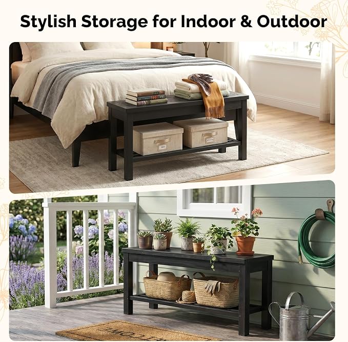 VINGLI Rustic Storage Bench, Solid Wood Seat with Storage Shelf, Indoor Outdoor Shoe Rack, 450lbs Capacity Small Outdoor Bench for Mudroom Entryway Patio Porch (Black, 40in)