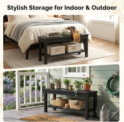 VINGLI Rustic Storage Bench, Solid Wood Seat with Storage Shelf, Indoor Outdoor Shoe Rack, 450lbs Capacity Small Outdoor Bench for Mudroom Entryway Patio Porch (Black, 40in)