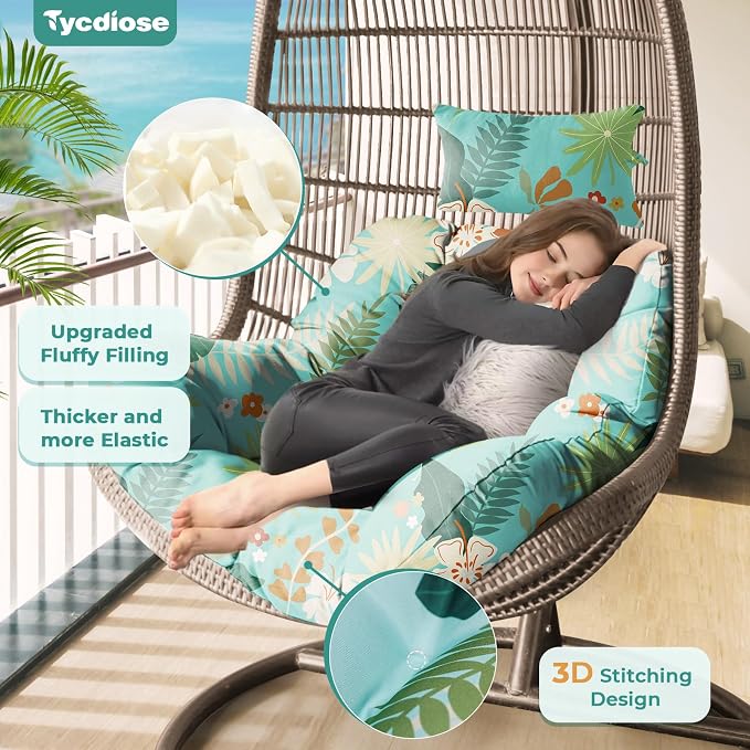 Outdoor Hanging Egg Chair Cushion Replacement, Extra Large Waterproof Egg Swing Cushions with Headrest Pillow and Ties, U-Shaped Thickened Cushion for Hanging Eggs Chair (Cyan Floral Leaf)