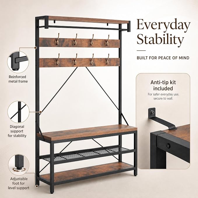 Hall Tree with Bench and Shoe Storage, Entryway Bench with Coat Rack, 3-in-1 Mudroom Organizer with 8 Hooks, Freestanding Industrial Storage Rack for Hallway, Rustic Brown