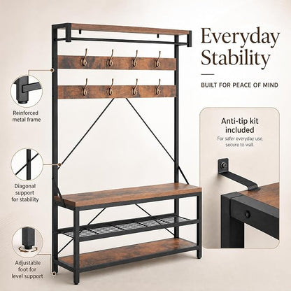 Hall Tree with Bench and Shoe Storage, Entryway Bench with Coat Rack, 3-in-1 Mudroom Organizer with 8 Hooks, Freestanding Industrial Storage Rack for Hallway, Rustic Brown