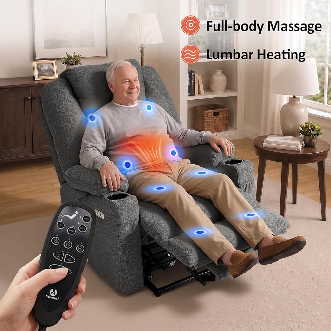 MCombo Power Lift Recliner Chair for Elderly R7045(Grey, Medium-Wide) | Heat and Massage, Breathable Fabric, USB& Type C Charging Port, FSC Certified