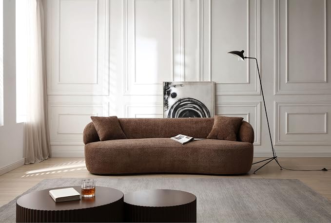 KEIKI 87" Curved Oversized Boucle Cloud Sofa with Thickened Seat Cushions and Backrest, Modern 3-Seater Upholstered Corner Fluffy Couch, No Assembly Required, for Apartment, Living Room, Dark Brown