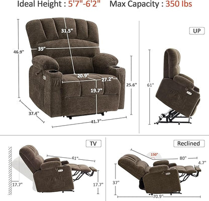 MCombo Oversized Power Lift Recliner Chair for Elderly, Lift Chair with Heat and Massage, Lift Recliner for Big and Tall, Cup Holders, USB & Type C Ports, Fabric R7092 (Mocha, Oversize)
