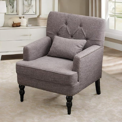 HUIMO Tufted Club Chair with Lumbar Pillow,Upholstered Button Armchair,Accent Reading Chair,Linen Fabric Sofa Chairs for Bedroom, Living Room, Mid Century Modern with Studded Chair Grey