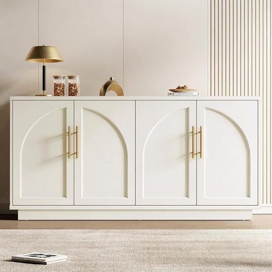 Fatmok Buffet Cabinet with Storage, 59'' Modern Arched Sideboard Cabinet w/Adjustable Shelves, Wood Media TV Console Table Credenza for Living Room Hallway Entryway, Beige(Not White)