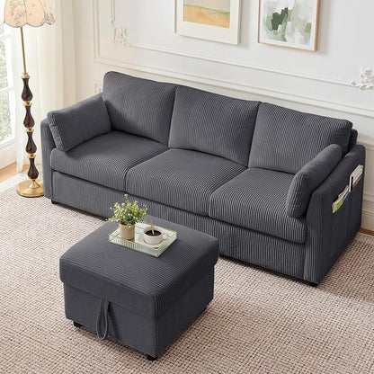 Corduroy Storage Ottoman for Living Room Sofas Couches, Square Ottoman with Storage Space Foot Rest Stool for Apartment, Dorm, Entryway, Grey