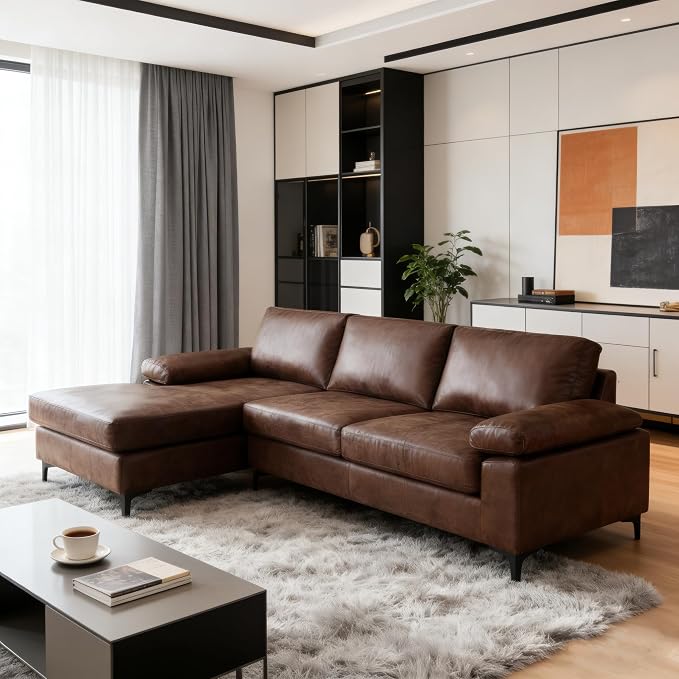 VANOMi 100" W Faux Leather Sofa with Reversible Chaise for Apartment | Dark Brown Faux Leather L-Shaped Couch for Living Room, Office, 3 Seater, Sectional