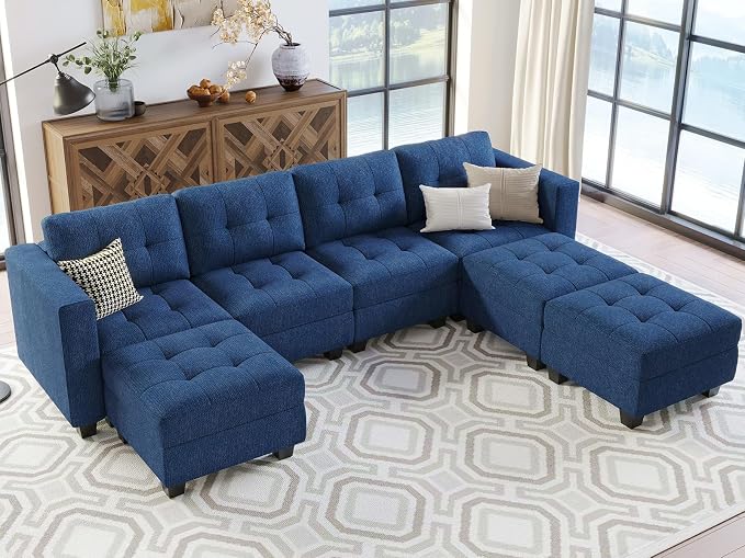 Belffin Modular Storage U-Shape Sectional Sofa Couch with Reversible Chaises 7-seat Sofa with Storage Seat Modular Sectional Sofa Set with Ottomans Modern Fabric Blue