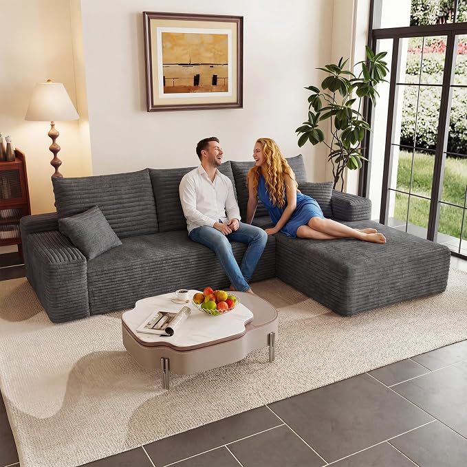 95" Cloud Sectional Couch with L-Shape Chaise, Modular Comfy Sofa Chaise Longue, Upholstered Corduroy Couches Sleeper with Deep Seat for Living Room Bedroom, No Assembly Required(Grey, Right Facing)
