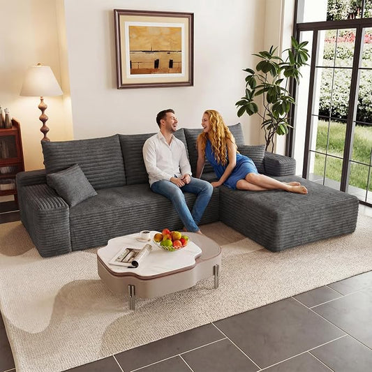 95" Cloud Sectional Couch with L-Shape Chaise, Modular Comfy Sofa Chaise Longue, Upholstered Corduroy Couches Sleeper with Deep Seat for Living Room Bedroom, No Assembly Required(Grey, Right Facing)
