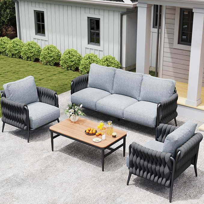 Jocoevol Outdoor Patio Furniture Set, Outdoor 5-Seat Sofa with Coffee Table, Waterproof Thick Cushion Patio Conversation Set, All Weather Outdoor Couch Set for Deck, Lawn, Balcony, Porch