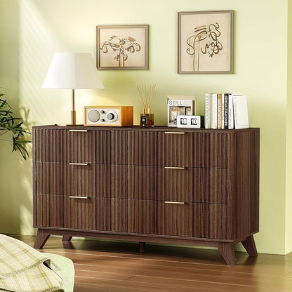VINGLI Fluted Walnut Dresser 6 Drawer, Dark Brown Wood Dresser with Rounded Edges, Mid Century Modern Walnut Dressers for Bedroom, 46.8" W*15.5" D*31" H