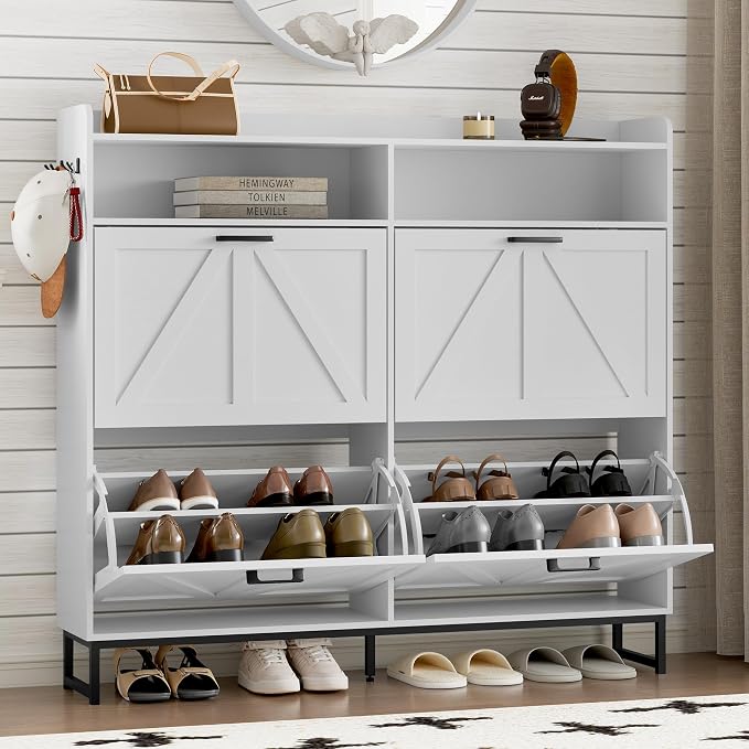 BORNOON Shoe Cabinet with 4 Flip Drawers Narrow Shoe Storage Cabinet Organizer Wooden Freestanding Shoe Rack Hidden Slim Shoes Storage Cabinet for Entryway, Hallway, Living Room, Bedroom