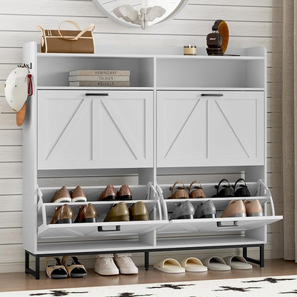 BORNOON Shoe Cabinet with 4 Flip Drawers Narrow Shoe Storage Cabinet Organizer Wooden Freestanding Shoe Rack Hidden Slim Shoes Storage Cabinet for Entryway, Hallway, Living Room, Bedroom