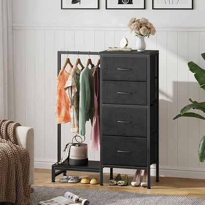 HIGDBFE Tall Dresser 44''H with Hanging Rack, 4 Drawers Small Closet Dresser for Bedroom, Reversible Fabric Chest of Drawers with Clothes Rack, Tall Storage Tower, Sturdy Frame, Black