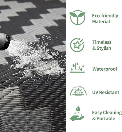 GENIMO Outdoor Rugs 8'x10' Waterproof, Reversible Mats, Area Plastic Straw Rug, Outside Carpet, Geometric Rv Mat for Patio Camping Rv Picnic Backyard Deck Balcony Porch Beach Trailer (Black & Grey)