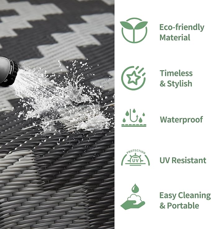 GENIMO Outdoor Rug for Patio Clearance,5'x8' Waterproof Mat,Reversible Plastic Camping Rugs,Rv,Porch,Deck,Camper,Balcony,Backyard,Black & Gray