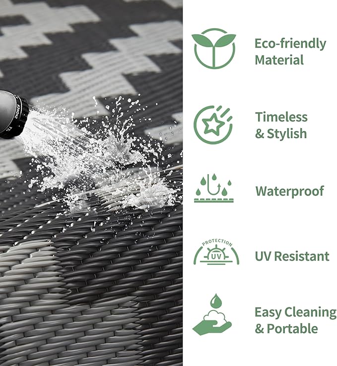 GENIMO Outdoor Rug for Patio Clearance,9'x12' Waterproof Large Mat,Reversible Plastic Camping Rugs,Rv,Porch,Deck,Camper,Balcony,Backyard,Black & Gray
