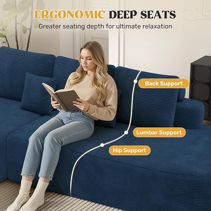 112" Modern Curved Cloud Couch, Boneless Couches for Living Room with Deep Seat, Memory Foam Compressed Modular Sectional Sofa, No Assembly Required,Navy Blue 1 PCS