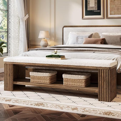 63" Solid Wood Entryway Bench, Farmhouse Upholstered End of Bed Bench with Removable Faux Lambswool Cushion and Fluted Legs, Indoor Long Ottoman for Bedroom, Entryway, Dark Brown
