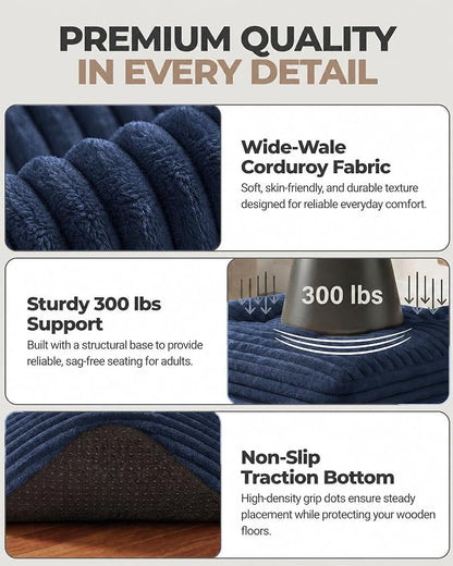23.6in Pouf Ottoman, Corduroy Ottoman Foot Rest with Dual‑Layer Support, Large Poofy Pouf with Soft Chunk‑Foam Top & Firm Foam Base, Floor Foot Stool for Living Room, Blue