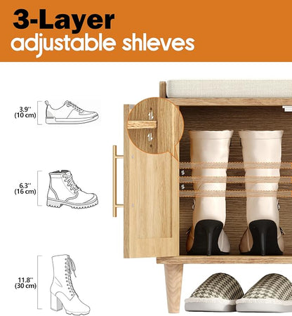Akxomel Rattan Shoe Storage Bench with Cushion, 2-Tier Entryway Bench with Adjustable Shelves and 4 Doors, 15" D x 47.2" W x 20" H, Solid Wood Legs, for Hallway, Living Room, Bedroom, Natural Oak