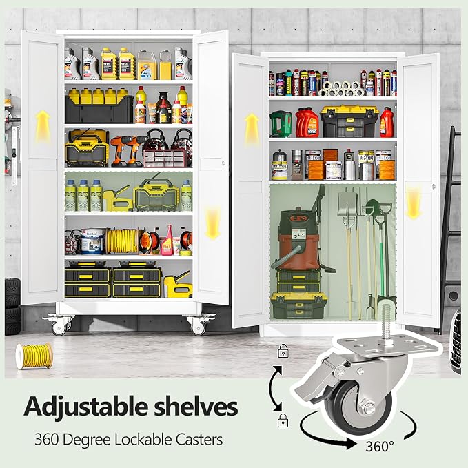 Metal Garage Storage Cabinet, 74”Tall Rolling Utility Cabinet White | storage system with Wheels, Lock, 5 Adjustable Shelves, Heavy Duty Steel Tool Locker for Home Office, Utility Room, Gym