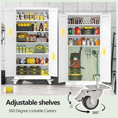 Metal Garage Storage Cabinet, 74”Tall Rolling Utility Cabinet White | storage system with Wheels, Lock, 5 Adjustable Shelves, Heavy Duty Steel Tool Locker for Home Office, Utility Room, Gym