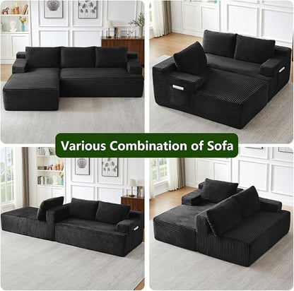 96" Modular Sectional Sofa, Modern Corduroy Cloud Couch with Side Pockets, Boneless Couch Upholstered 3-Seater L-Shaped Sofa for Living Room, No Assembly Required (Black, Left-Facing Chaise)