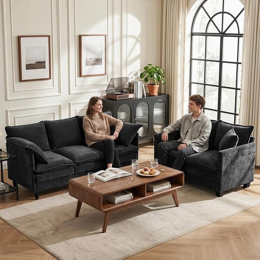 3 Seater Couch & Loveseat Sofa 2 Piece Set, Small 50" Love Seat & 69" Cloud 3 Seat Couch Sofa Set Washable Chenille Pillow Living Room Set for Apartment Office 8833-BLACK-3+2