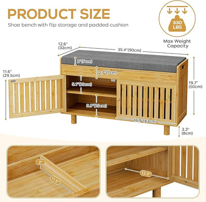 oakvivo Bamboo 35.4in Shoe Storage Bench with Lift Top Storage & Padded Seat Cushion, 2-Tier Shoe Rack Cabinet with 2 Doors for Entryway, Living Room, Bedroom, Mudroom, Natural