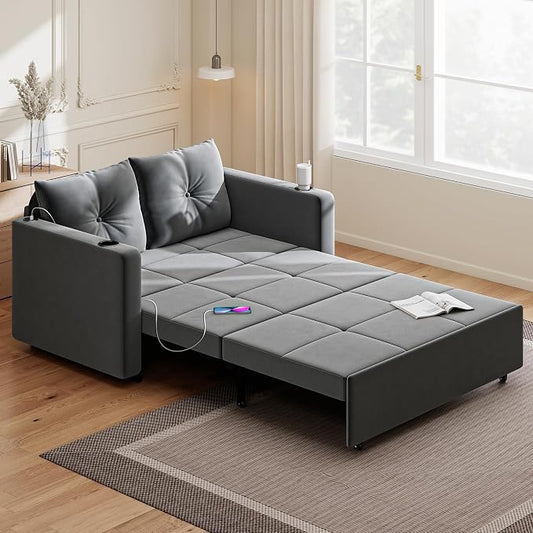 Krcix 3 in 1 Pull Out Couch, 56 Inch Velvet Sofa Bed, Convertible Loveseat Sleeper Sofa for Living Room, Small Space, Upholstered Couch Bed with USB, Cup Holder(Grey)