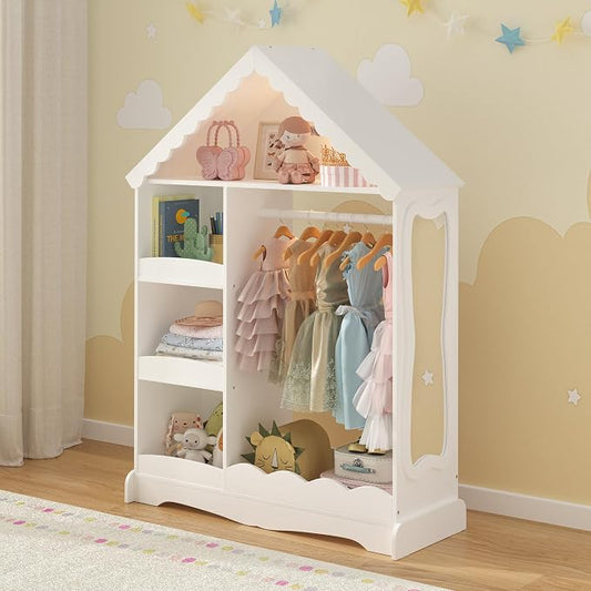 Curipeer Dollhouse Kids Dress Up Storage with Full-Length Mirror & Touch Activated Light, Open Hanging Kids Wardrobe Closet, Toddler Dress up Rack, Armoire Costume Organizer for Playroom, White
